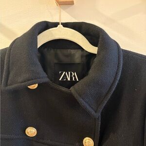 Zara Women's Elegant Black Pea Coat with Gold Buttons